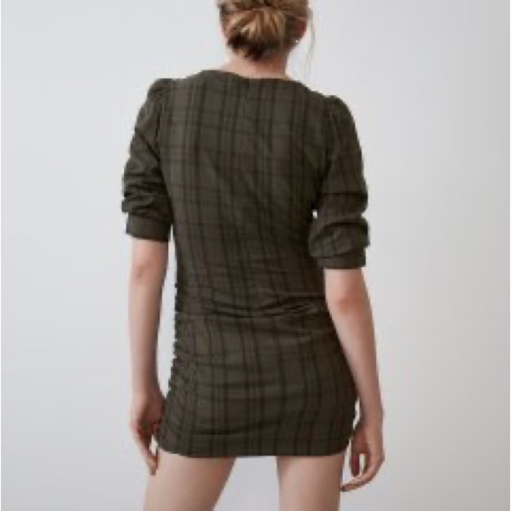 Zara- Plaid Olive Green Ruched Dress (new without tags) - Picture 2 of 6